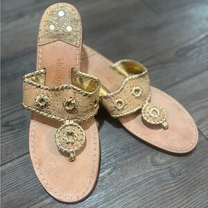 Jack Rogers Cork Gold Wedge Sandals Womens 10 Leather Sole Slip On Thong Style